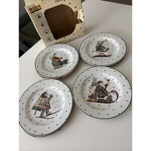 Debbie Mumm Sledding Characters Salad Dessert Plates SET OF 4 Christmas Holiday
